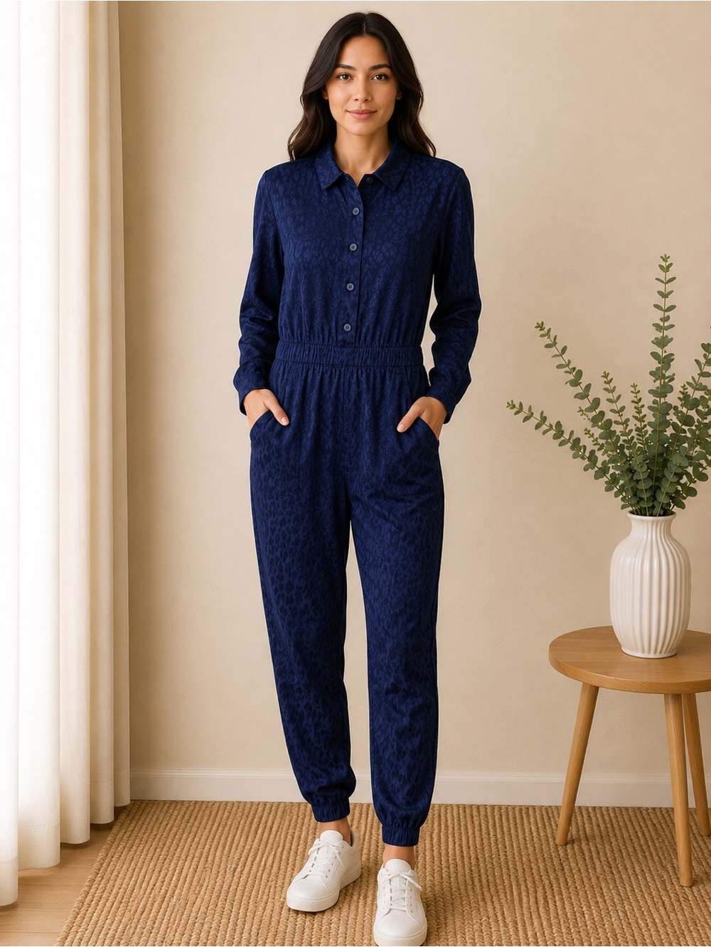ON 34TH NWT Navy Leopard Print Jumpsuit Medium Long Sleeve Pockets